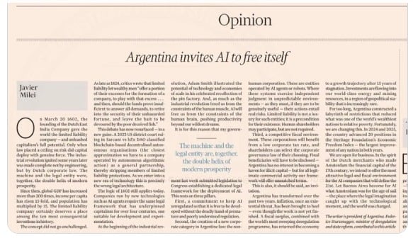 Milei impulsa en el Financial Times un régimen de IA sin regulaciones