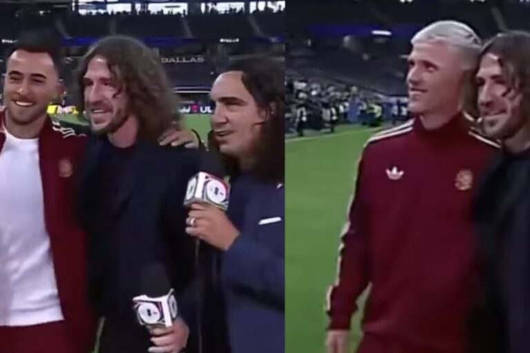 Dani Olmo y Eric García se fotografían con Puyol tras pasar a la final